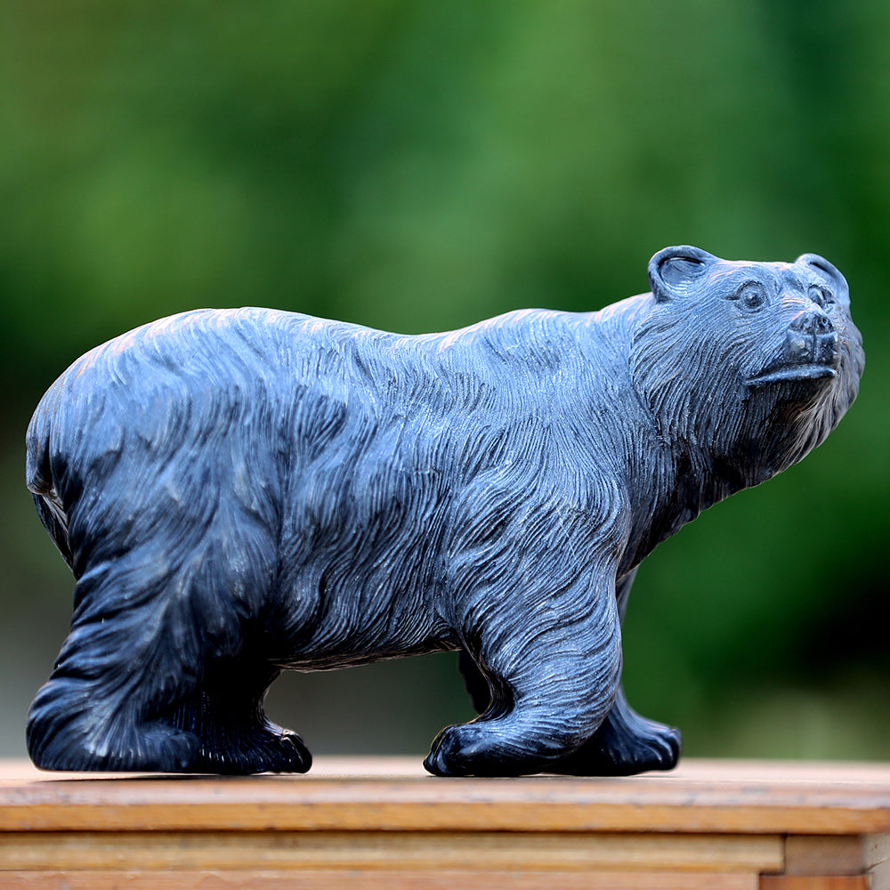8.7" Textured Black Obsidian Polar Bear Carving - Unique Piece #3100204