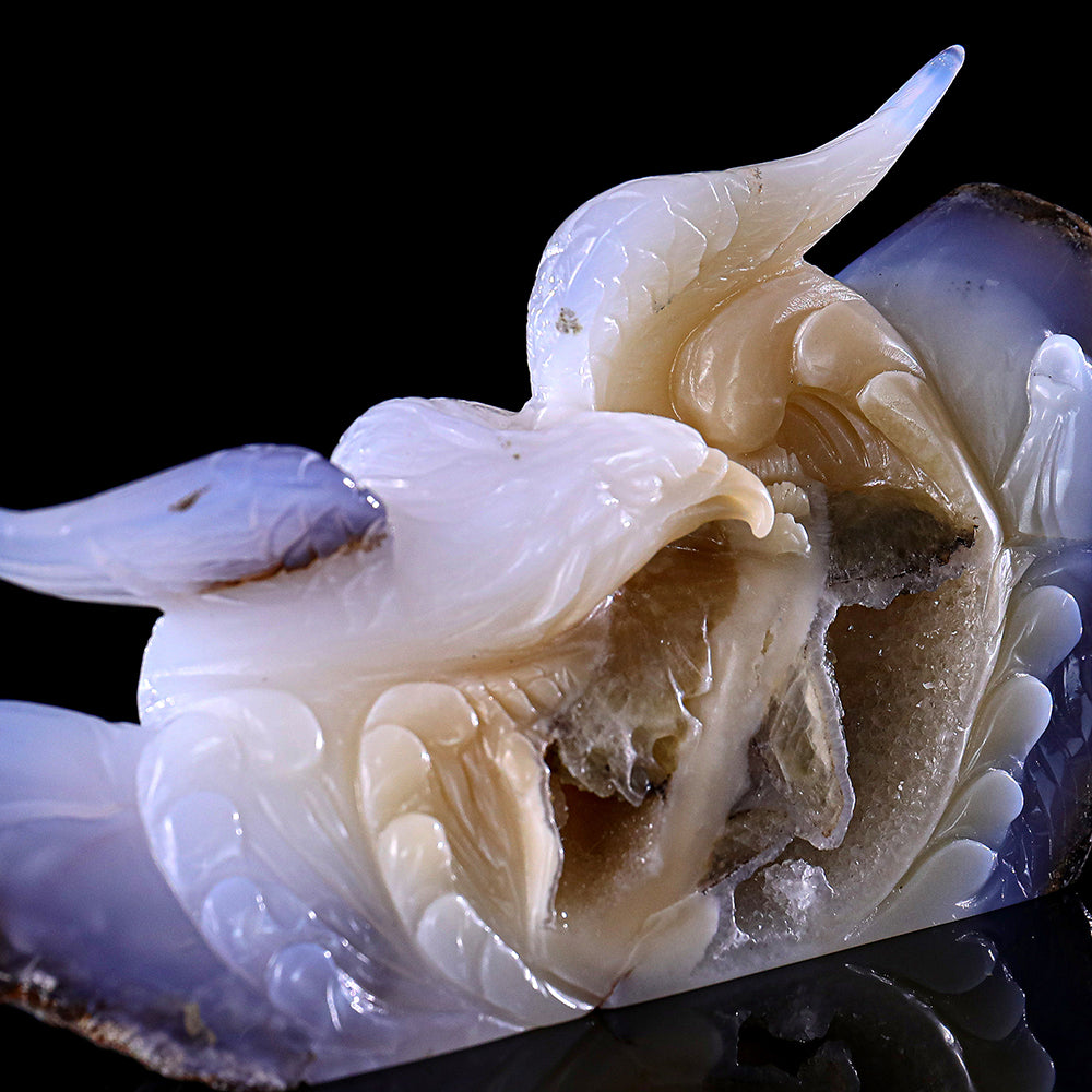 7.5" Geode Blue Chalcedony Ocean Wave and Catching Fish Eagle Carving - Unique Piece #3100212