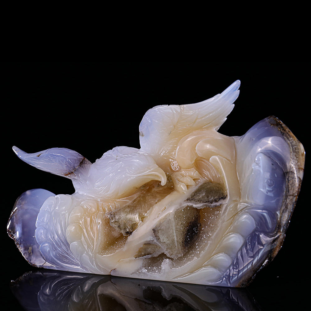 7.5" Geode Blue Chalcedony Ocean Wave and Catching Fish Eagle Carving - Unique Piece #3100212