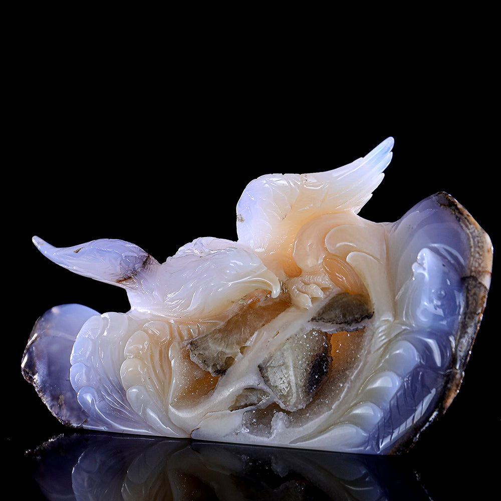 7.5" Geode Blue Chalcedony Ocean Wave and Catching Fish Eagle Carving - Unique Piece #3100212
