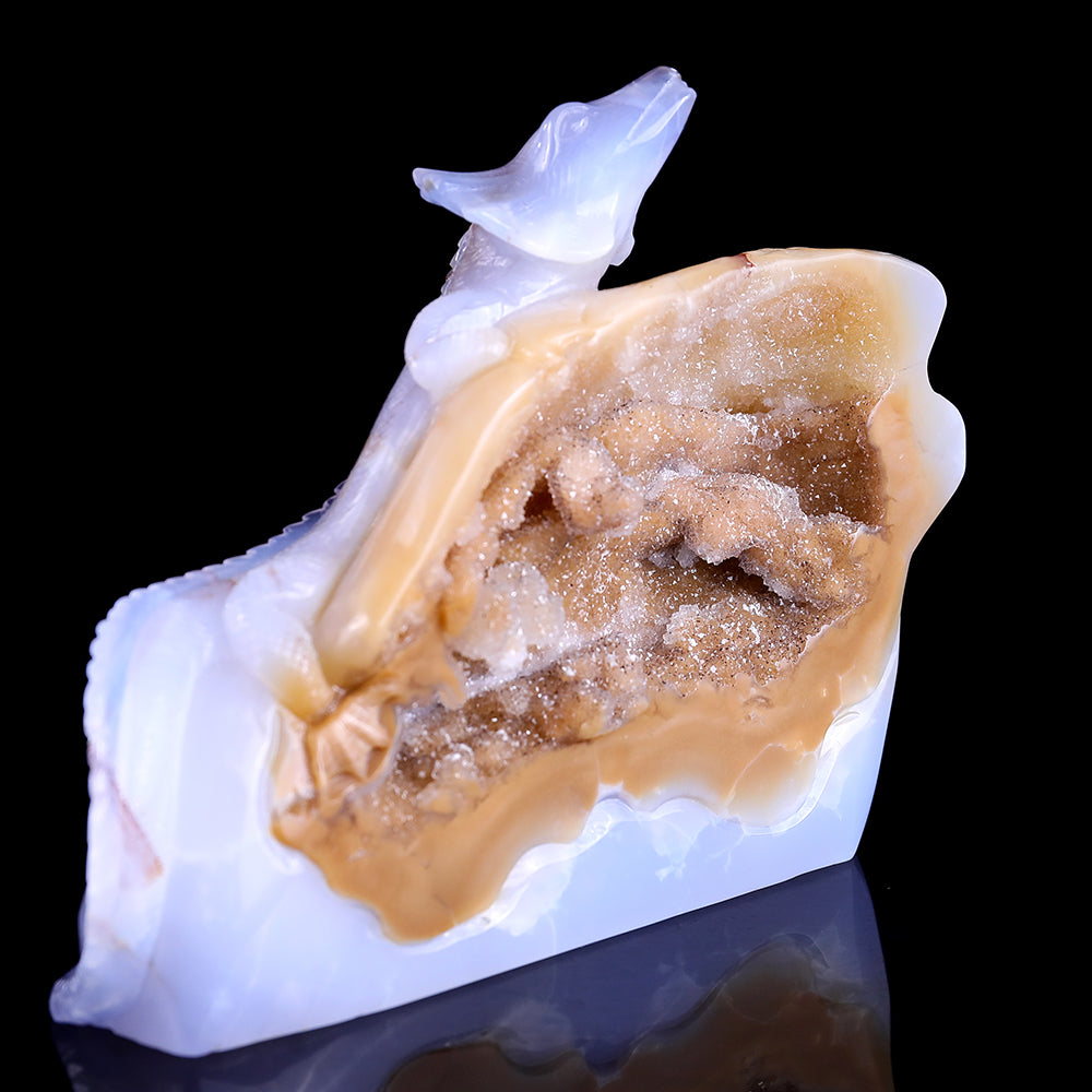 6.7" Blue Chalcedony Geode Chameleon Carving - Unique Piece #3100226