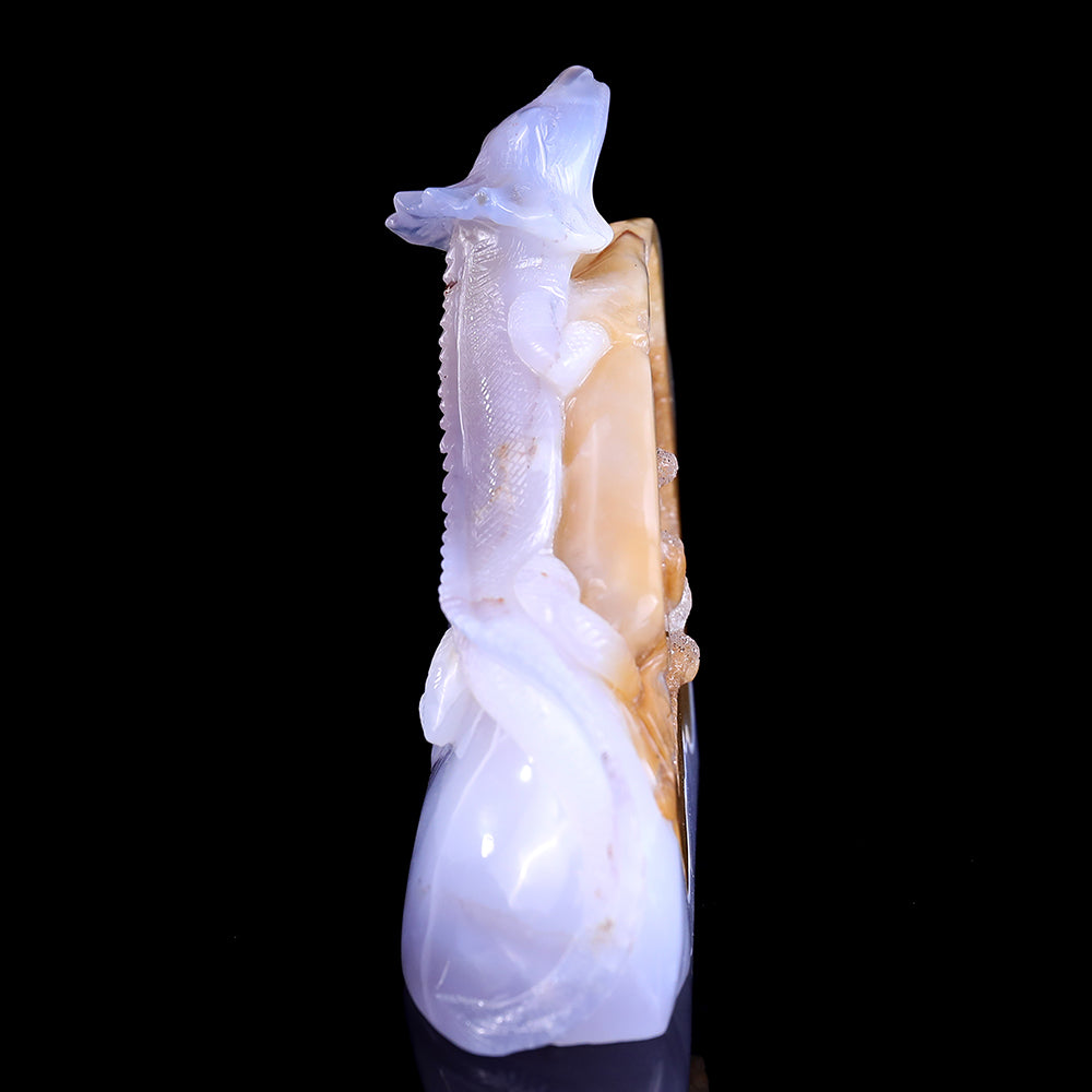 6.7" Blue Chalcedony Geode Chameleon Carving - Unique Piece #3100226
