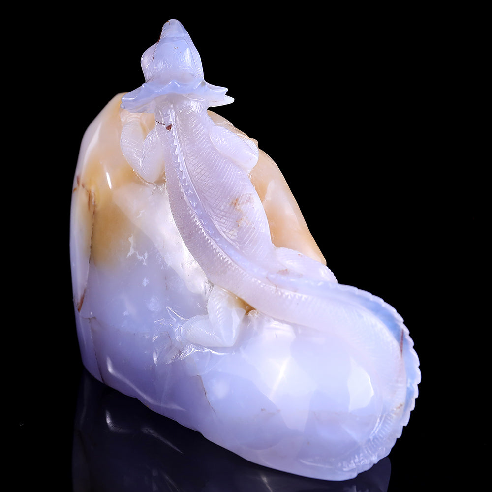6.7" Blue Chalcedony Geode Chameleon Carving - Unique Piece #3100226