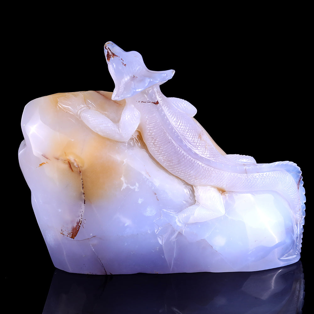 6.7" Blue Chalcedony Geode Chameleon Carving - Unique Piece #3100226
