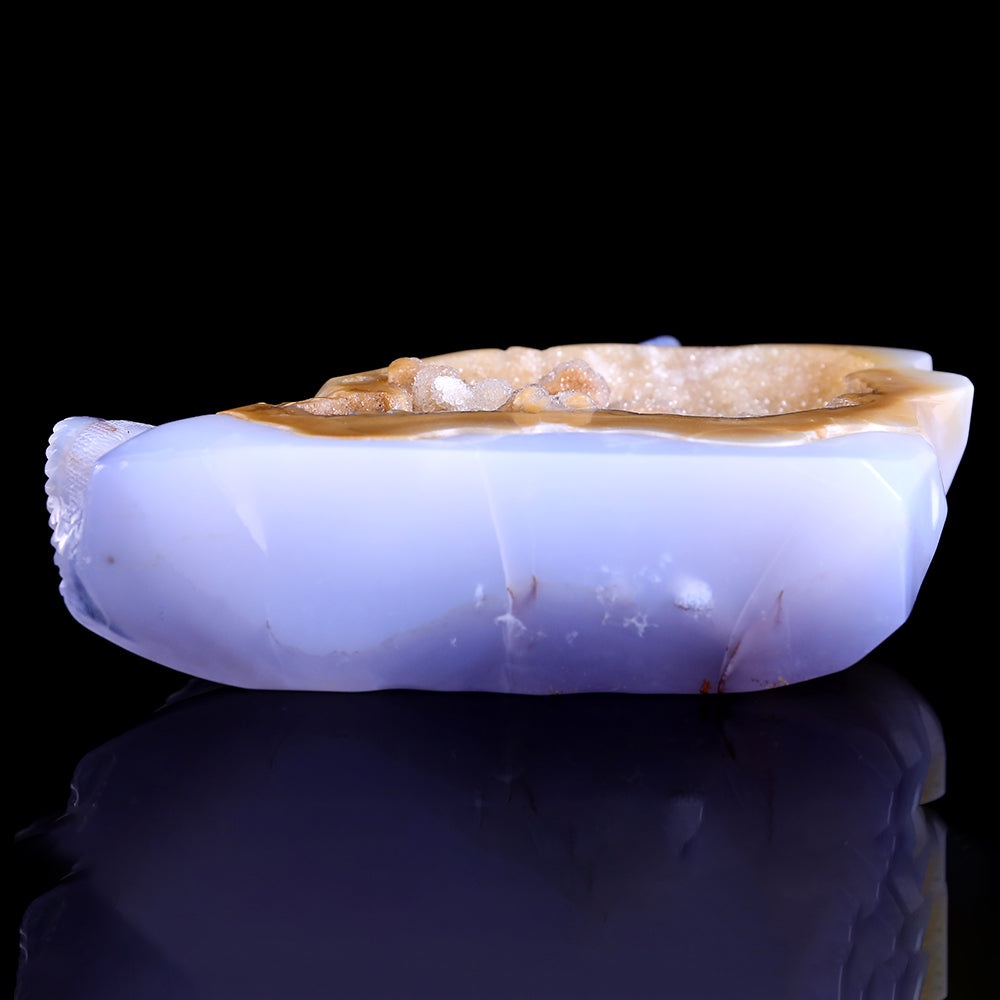 6.7" Blue Chalcedony Geode Chameleon Carving - Unique Piece #3100226