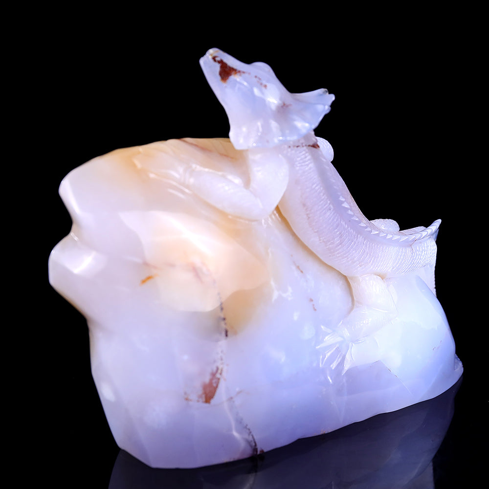 6.7" Blue Chalcedony Geode Chameleon Carving - Unique Piece #3100226