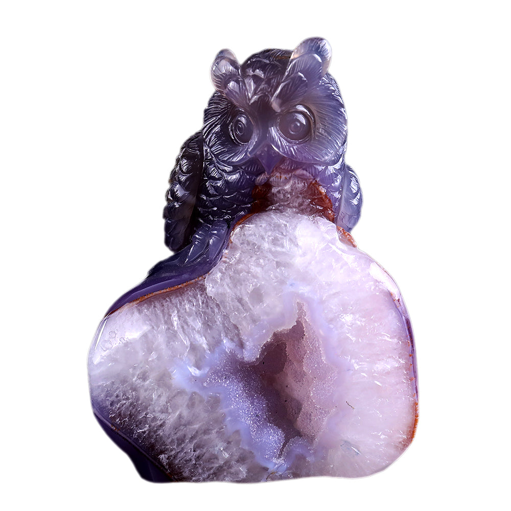 4.3" Geode Agate Owl Carving - Unique Piece #3100239