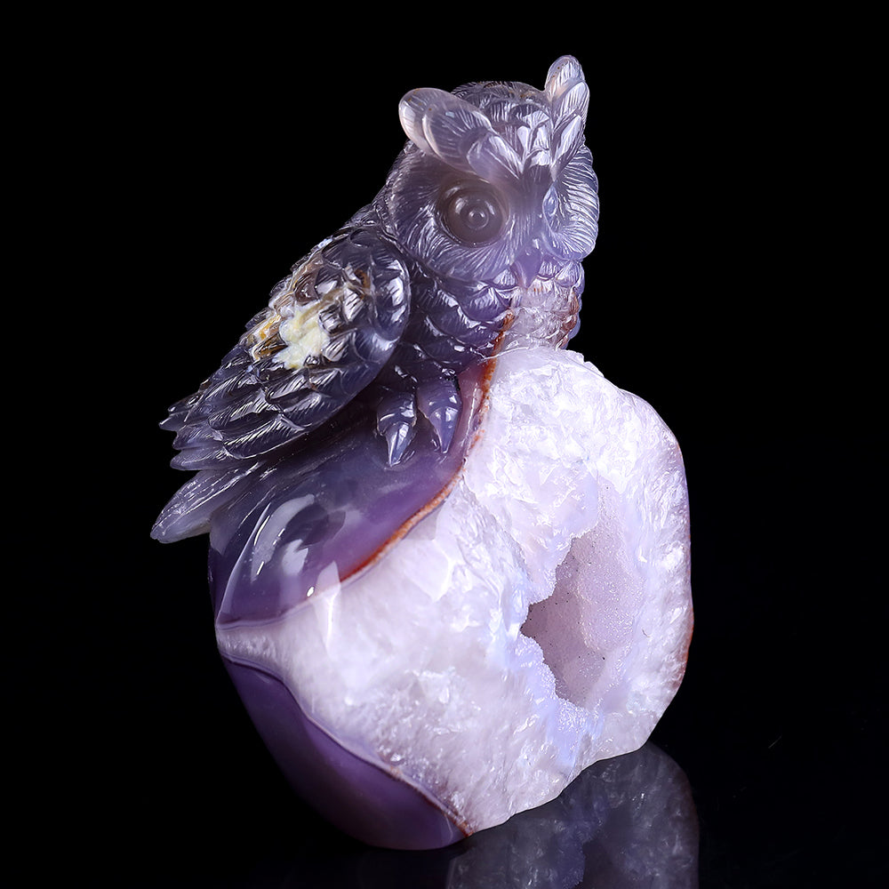 4.3" Geode Agate Owl Carving - Unique Piece #3100239