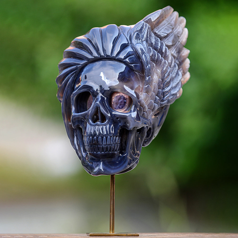 5.1" Amethyst Geode Indian Human Skull Carving - Unique Piece #3100252