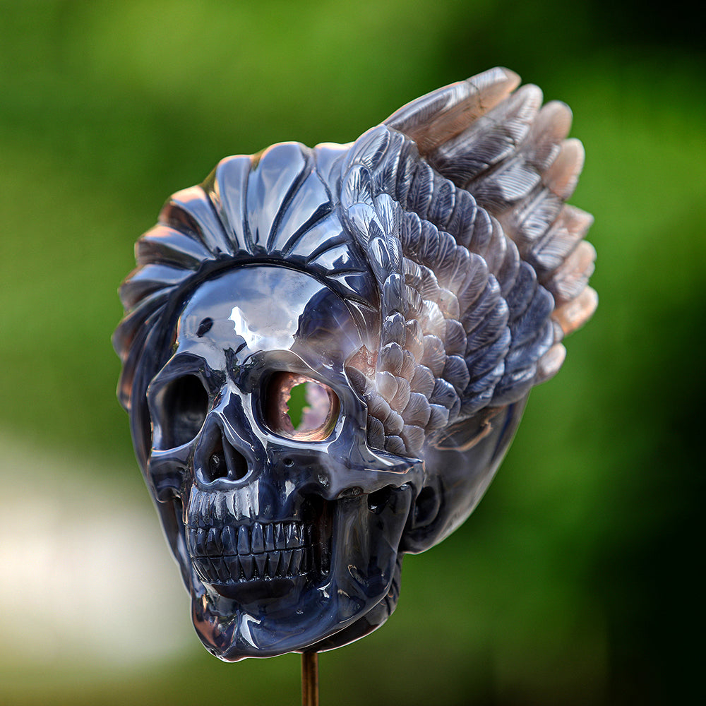 5.1" Amethyst Geode Indian Human Skull Carving - Unique Piece #3100252