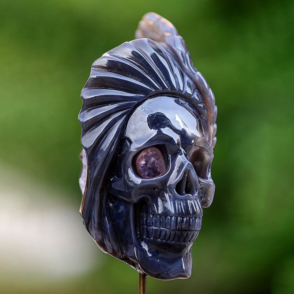 5.1" Amethyst Geode Indian Human Skull Carving - Unique Piece #3100252