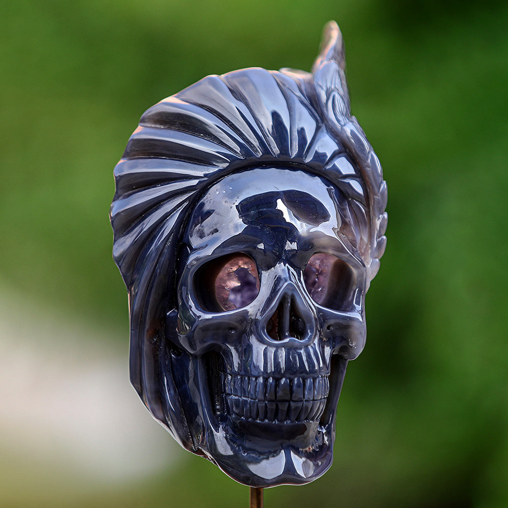 5.1" Amethyst Geode Indian Human Skull Carving - Unique Piece #3100252