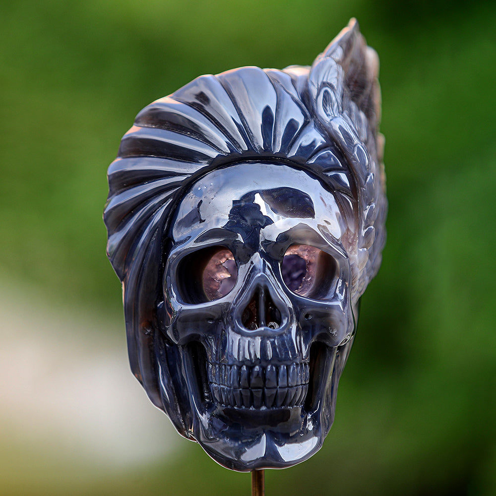 5.1" Amethyst Geode Indian Human Skull Carving - Unique Piece #3100252