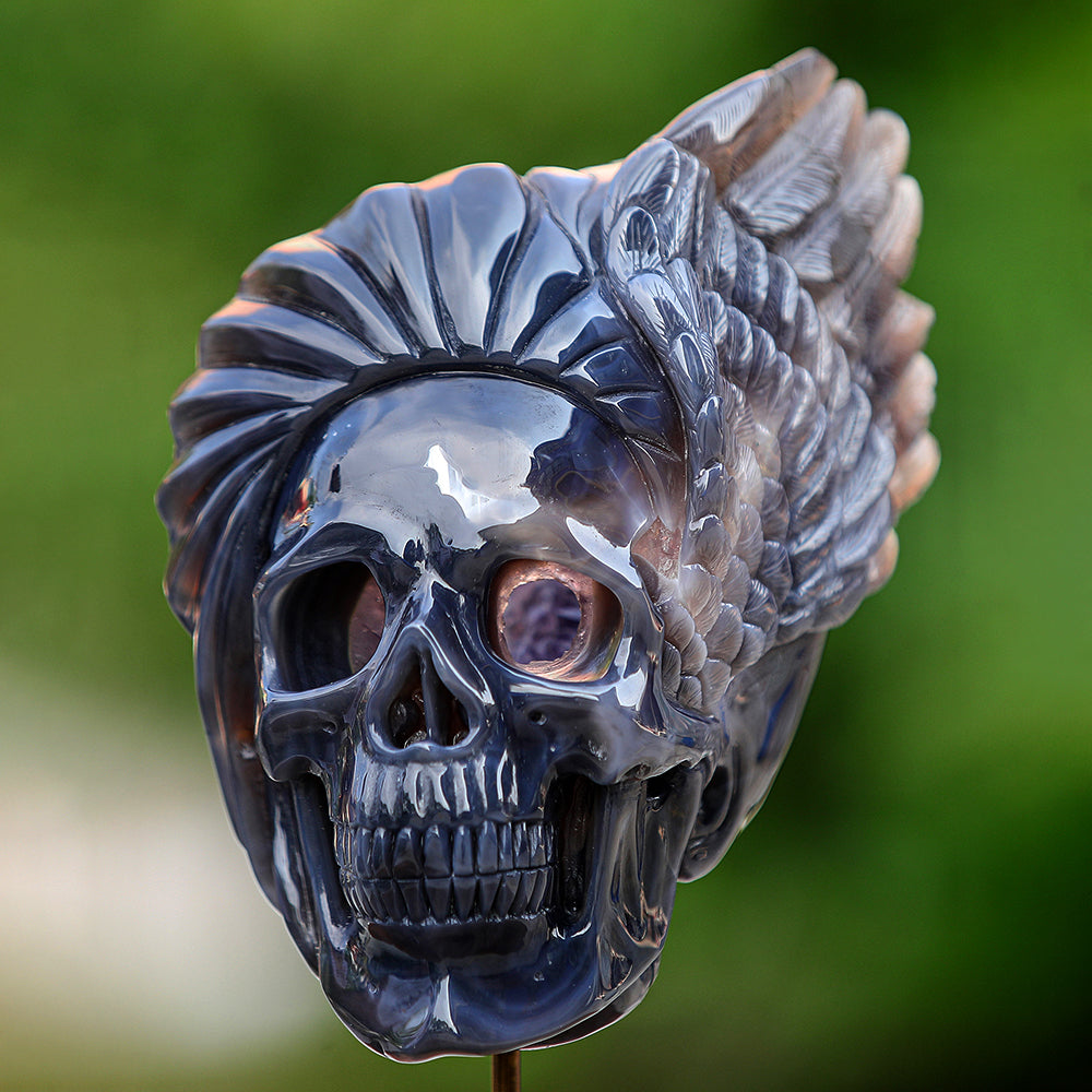 5.1" Amethyst Geode Indian Human Skull Carving - Unique Piece #3100252