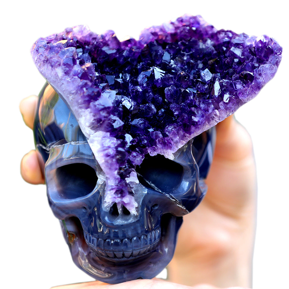 4.8" Amethyst Cluster Human Skull Carving - Unique Piece #3100255