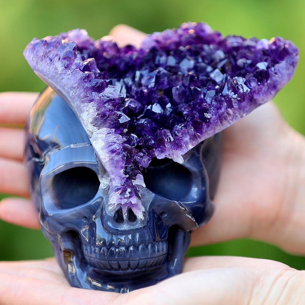 4.8" Amethyst Cluster Human Skull Carving - Unique Piece #3100255