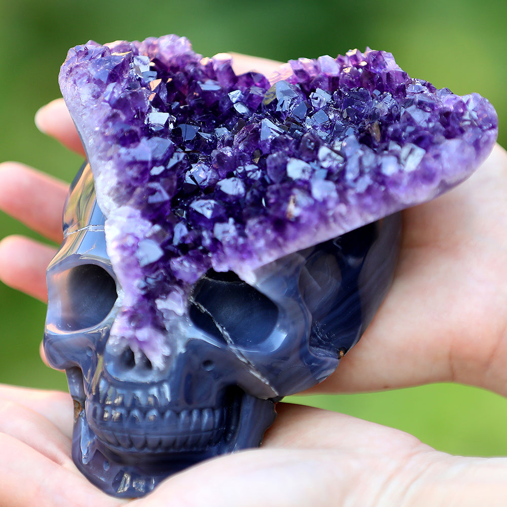4.8" Amethyst Cluster Human Skull Carving - Unique Piece #3100255