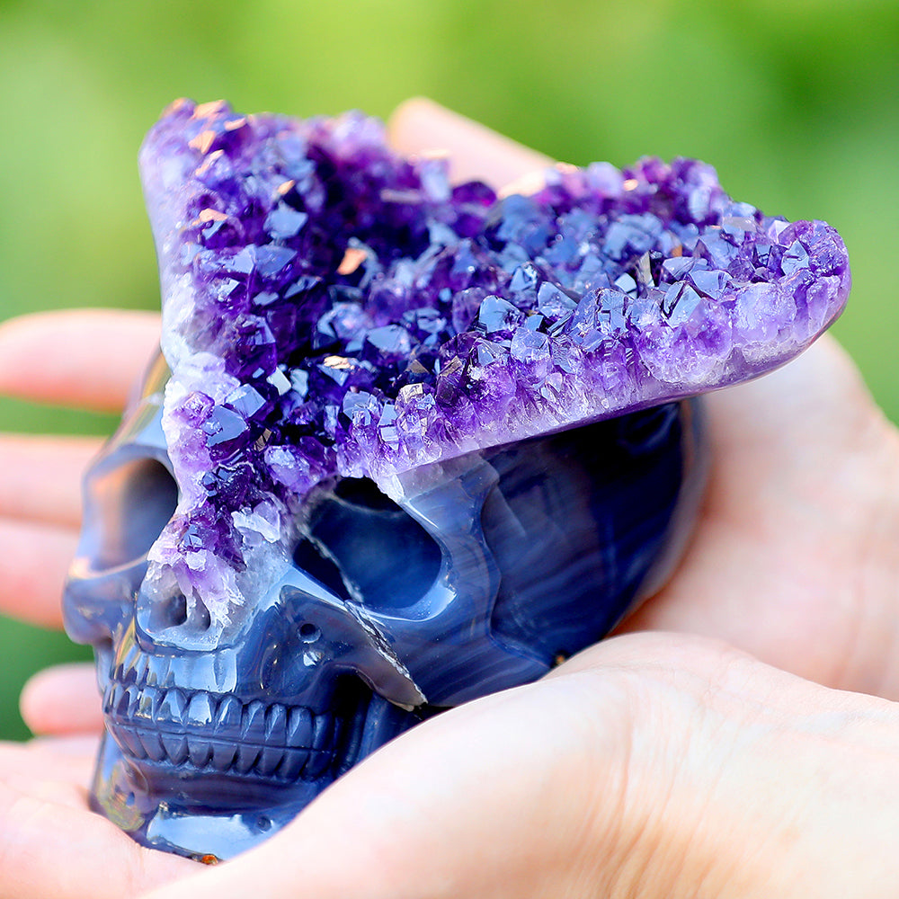 4.8" Amethyst Cluster Human Skull Carving - Unique Piece #3100255