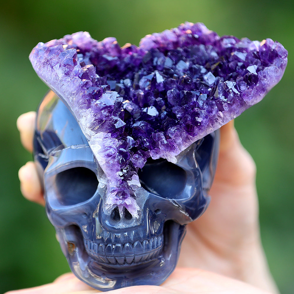 4.8" Amethyst Cluster Human Skull Carving - Unique Piece #3100255