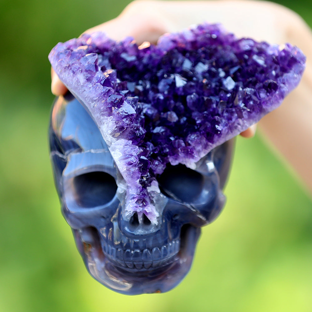 4.8" Amethyst Cluster Human Skull Carving - Unique Piece #3100255