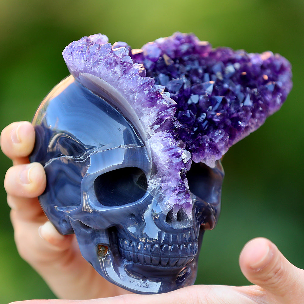 4.8" Amethyst Cluster Human Skull Carving - Unique Piece #3100255