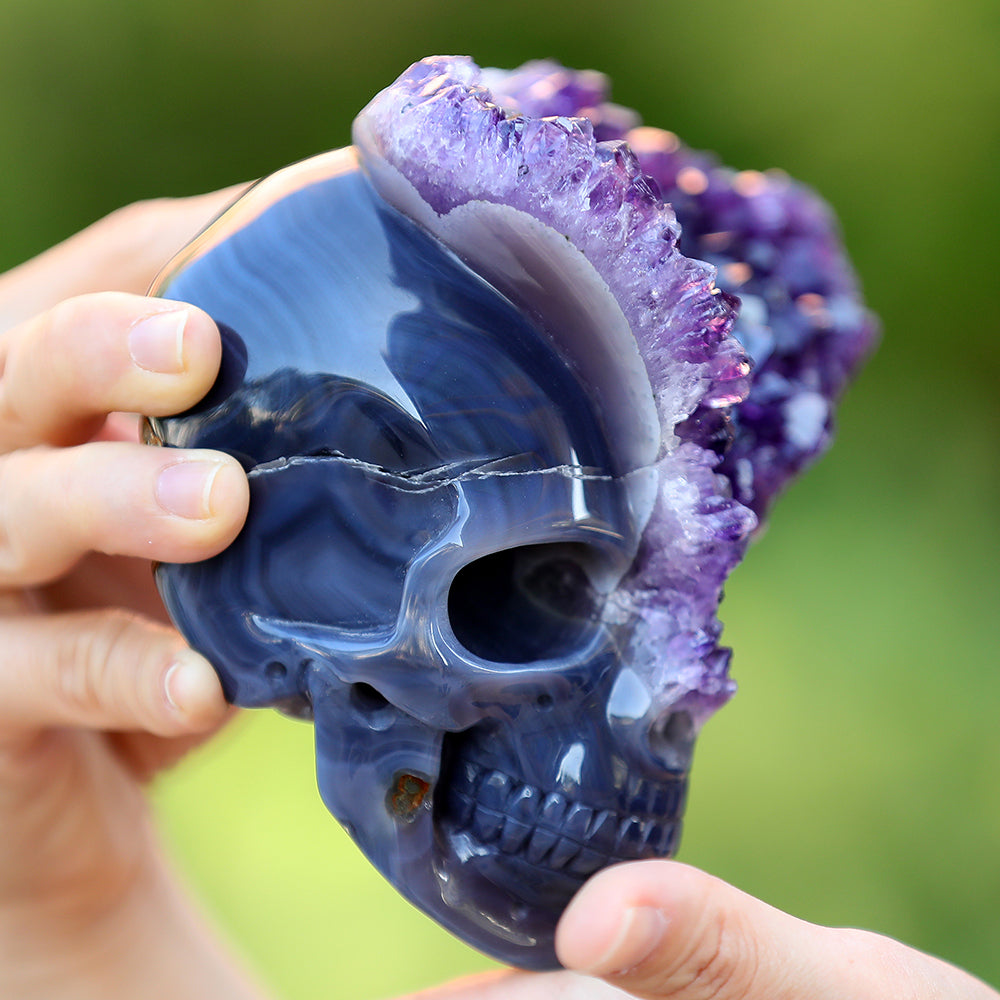 4.8" Amethyst Cluster Human Skull Carving - Unique Piece #3100255