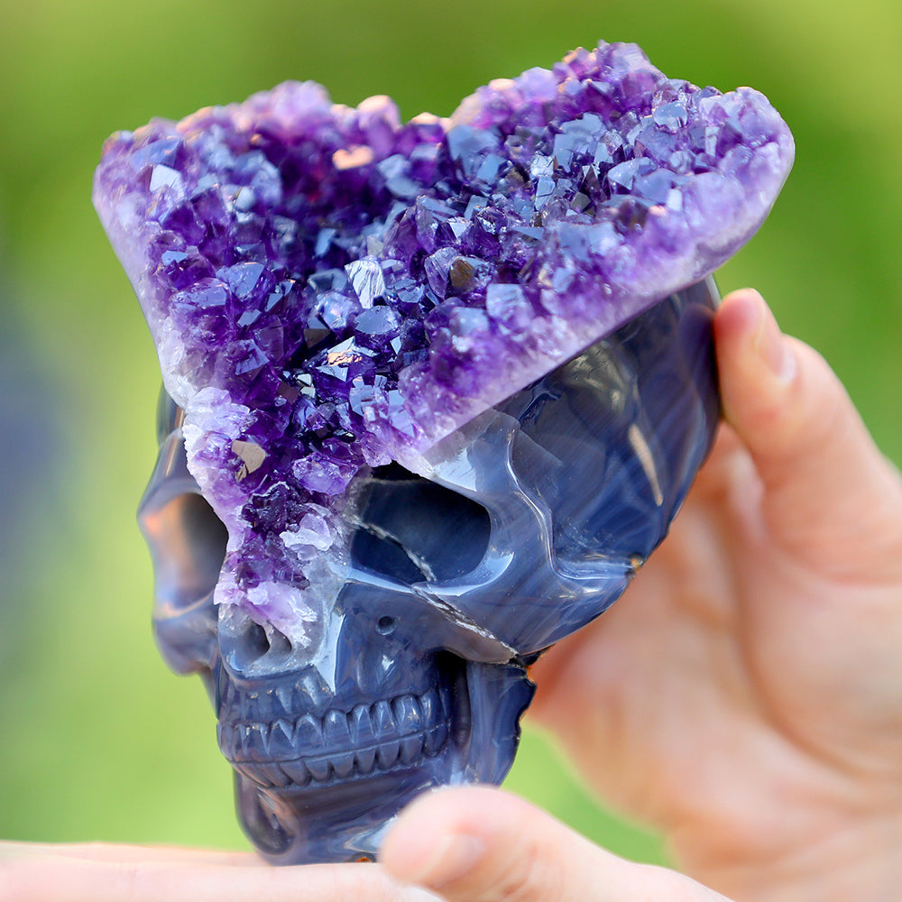4.8" Amethyst Cluster Human Skull Carving - Unique Piece #3100255