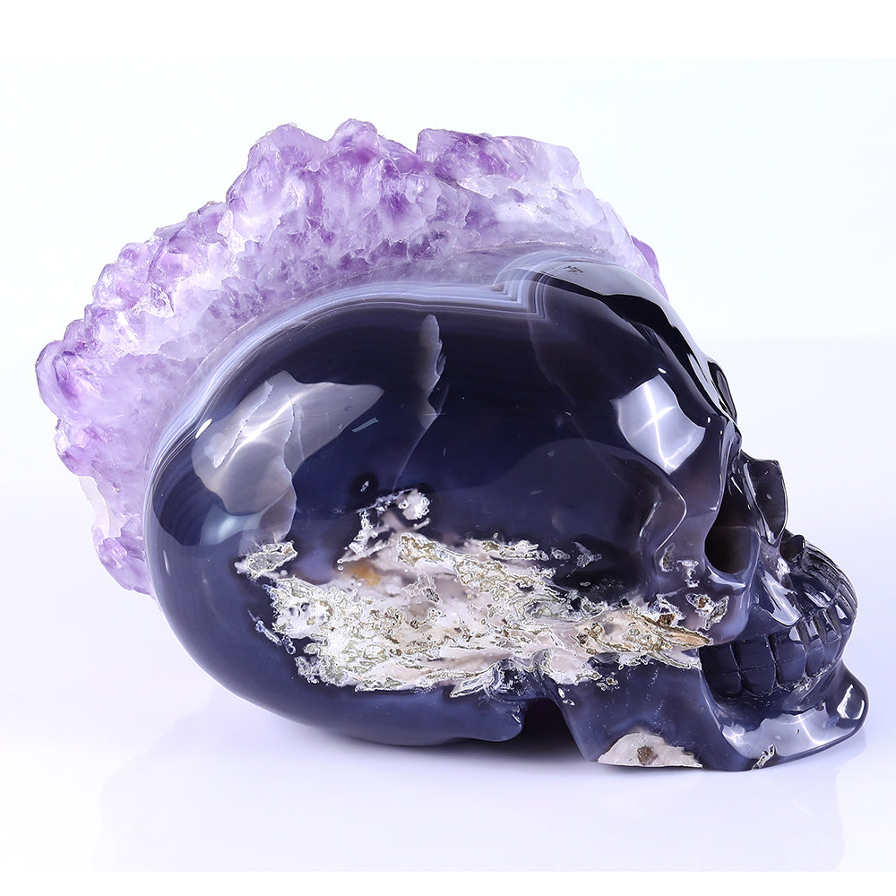 8.4" Amethyst Cluster Human Skull Carving - Unique Piece #3100256