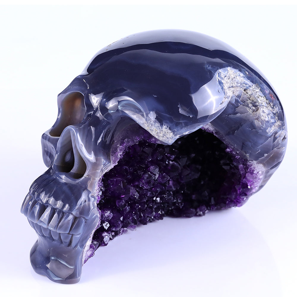 7.5" Amethyst Geode Human Skull Carving - Unique Piece #3100257