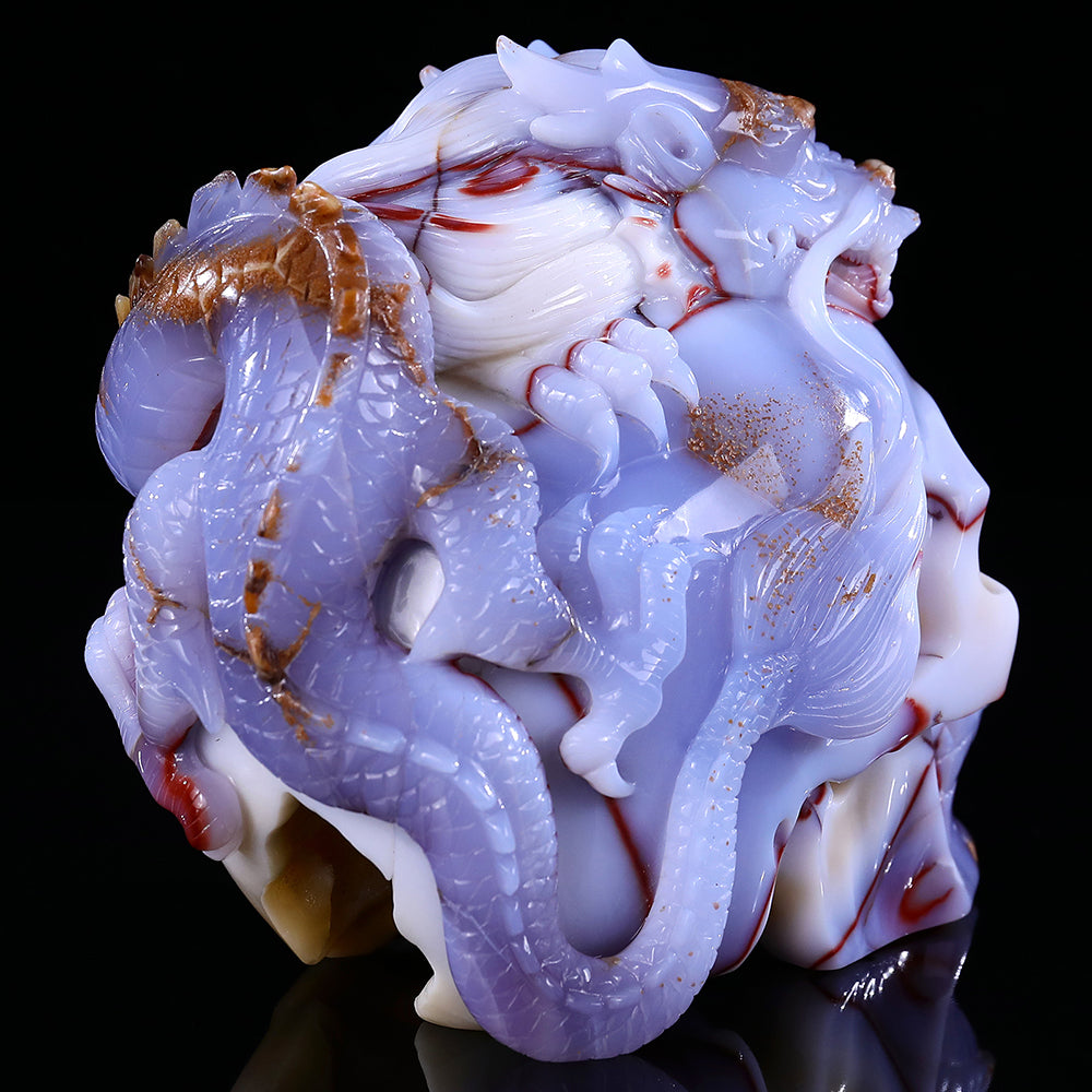 6.5" Blue Chalcedony Dragon with Skull Carving - Unique Piece #3100268