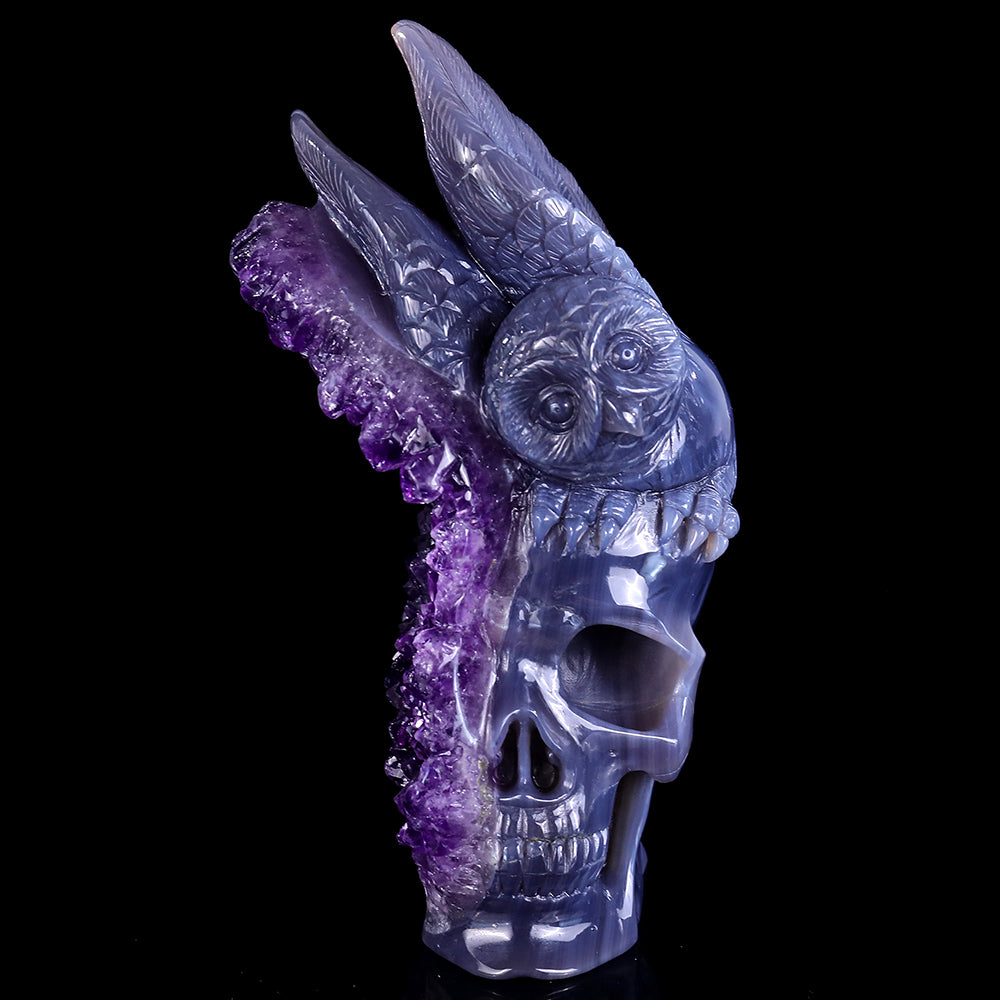 3.7" Amethyst Cluster Skull with Owl Carving - Unique Piece #3100312