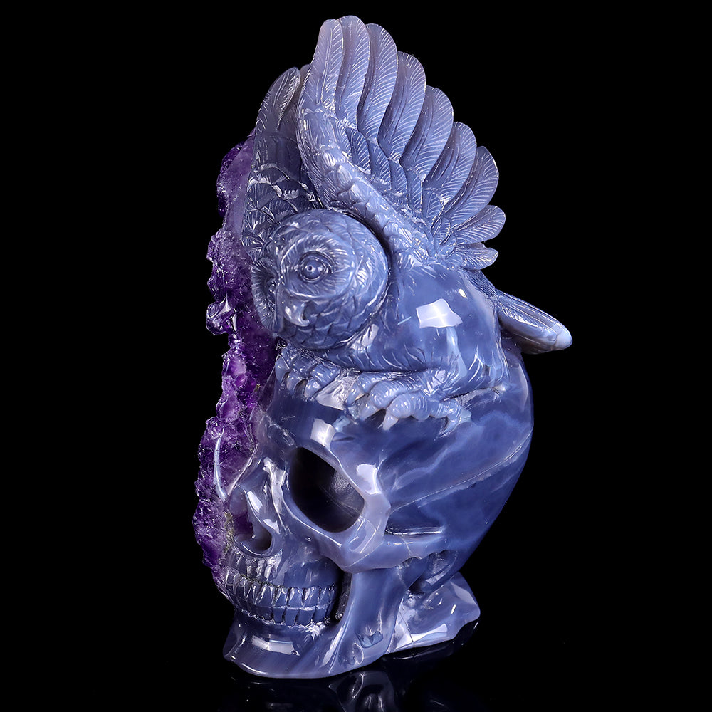 3.7" Amethyst Cluster Skull with Owl Carving - Unique Piece #3100312