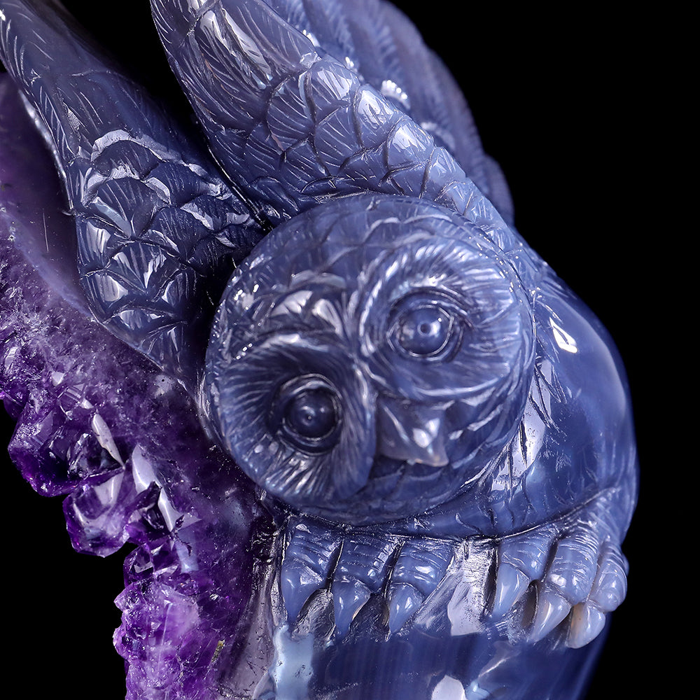 3.7" Amethyst Cluster Skull with Owl Carving - Unique Piece #3100312