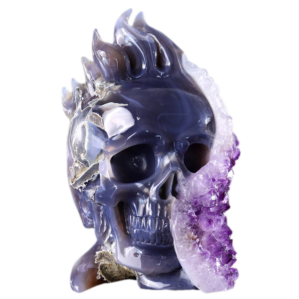 4.3" Amethyst Cluster Flame Skull Carving - Unique Piece #3100313
