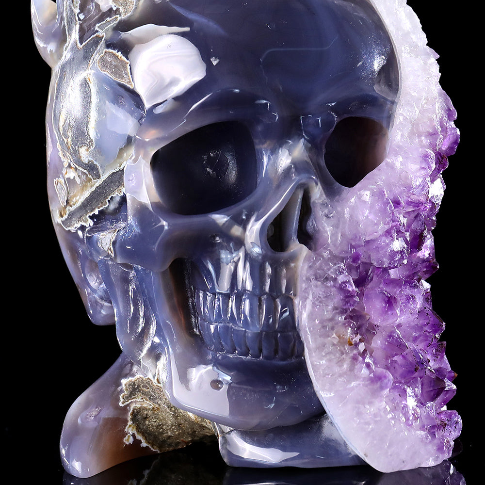 4.3" Amethyst Cluster Flame Skull Carving - Unique Piece #3100313