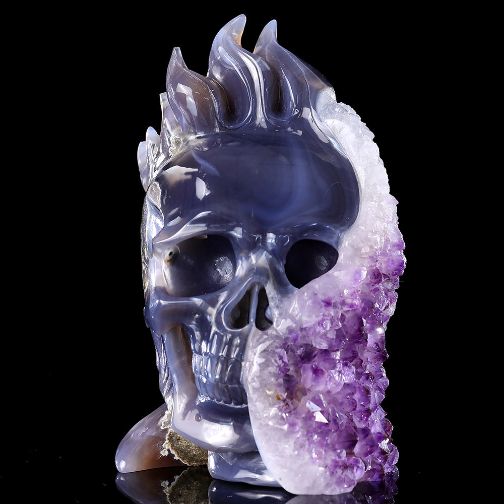 4.3" Amethyst Cluster Flame Skull Carving - Unique Piece #3100313