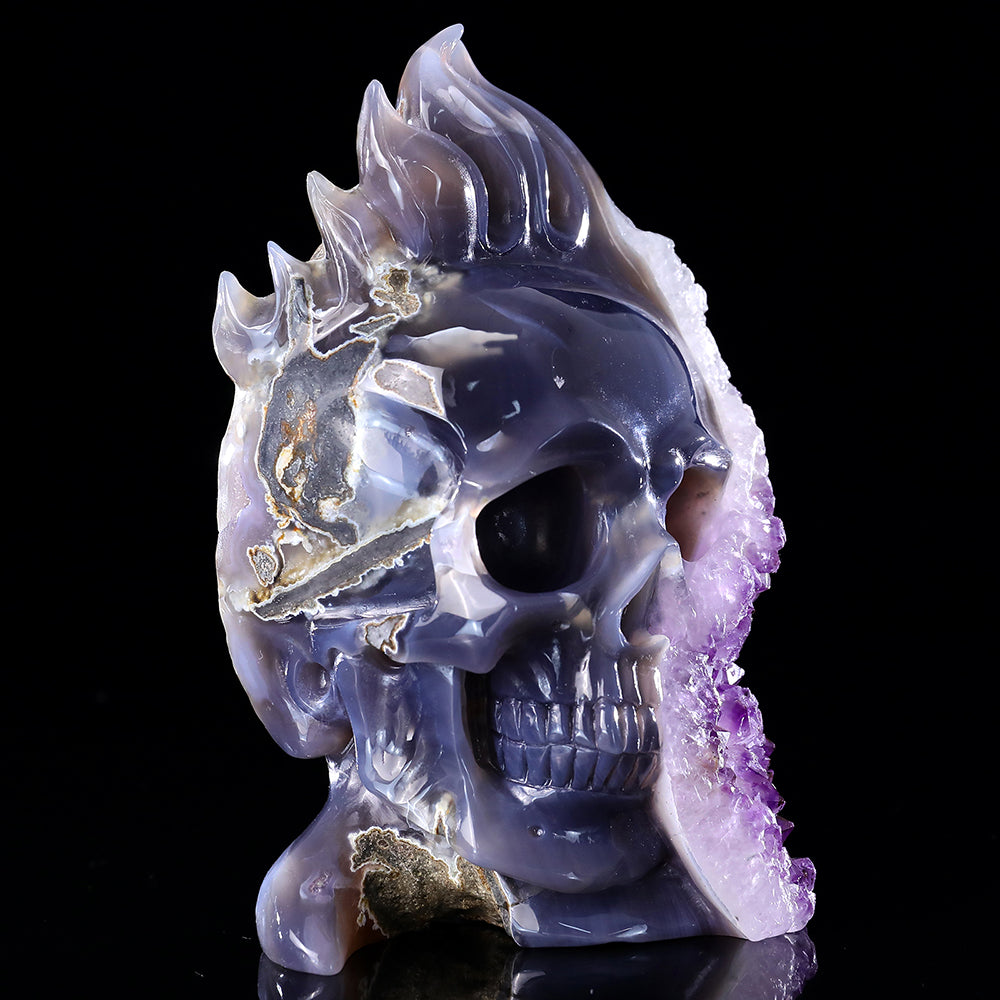 4.3" Amethyst Cluster Flame Skull Carving - Unique Piece #3100313