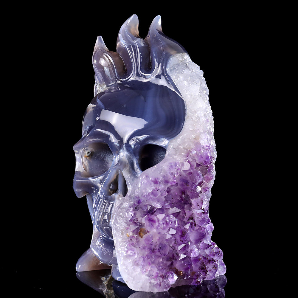 4.3" Amethyst Cluster Flame Skull Carving - Unique Piece #3100313