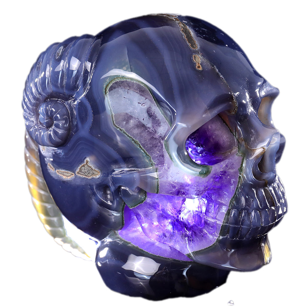 6.3" Amethyst Cluster Ram Horn Skull Carving - Unique Piece #3100314