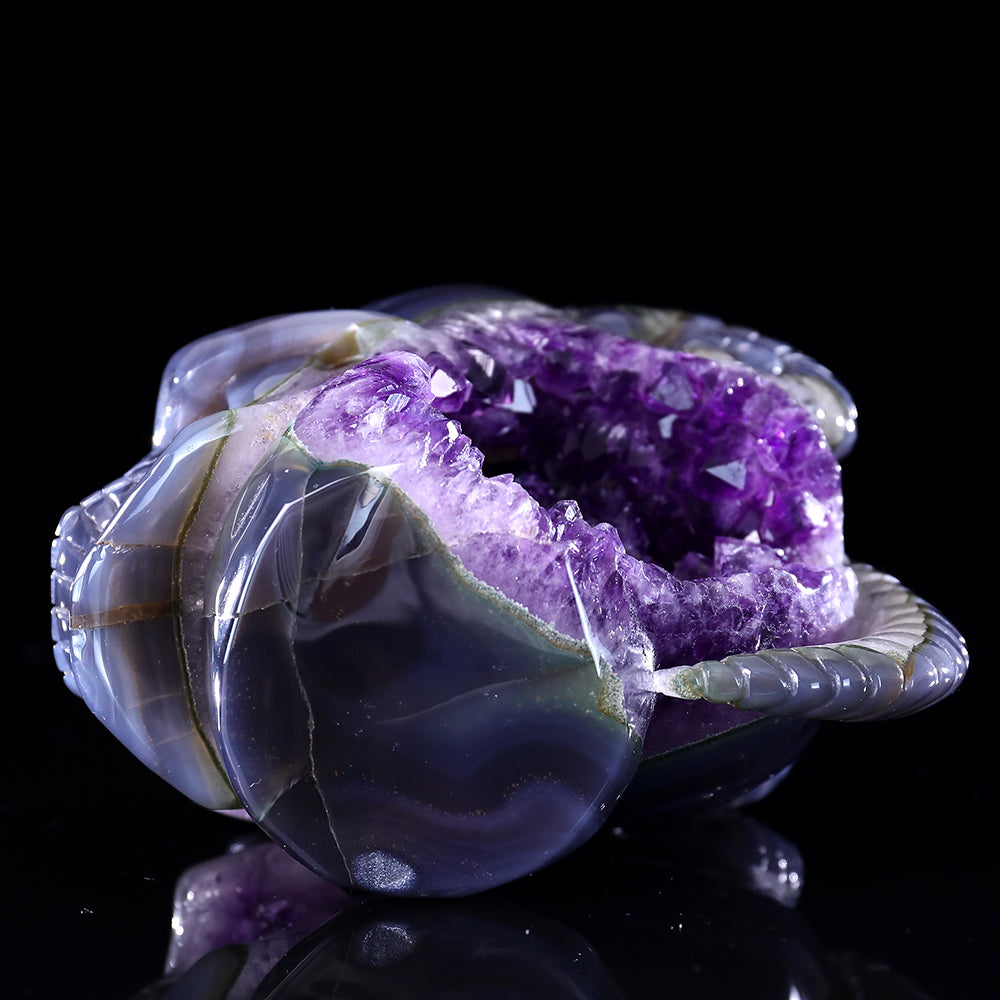 6.3" Amethyst Cluster Ram Horn Skull Carving - Unique Piece #3100314