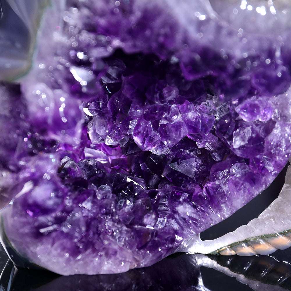 6.3" Amethyst Cluster Ram Horn Skull Carving - Unique Piece #3100314