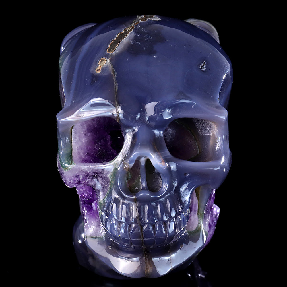 6.3" Amethyst Cluster Ram Horn Skull Carving - Unique Piece #3100314