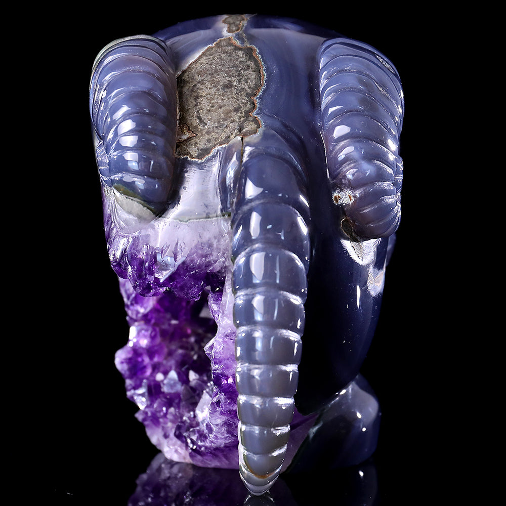 6.3" Amethyst Cluster Ram Horn Skull Carving - Unique Piece #3100314