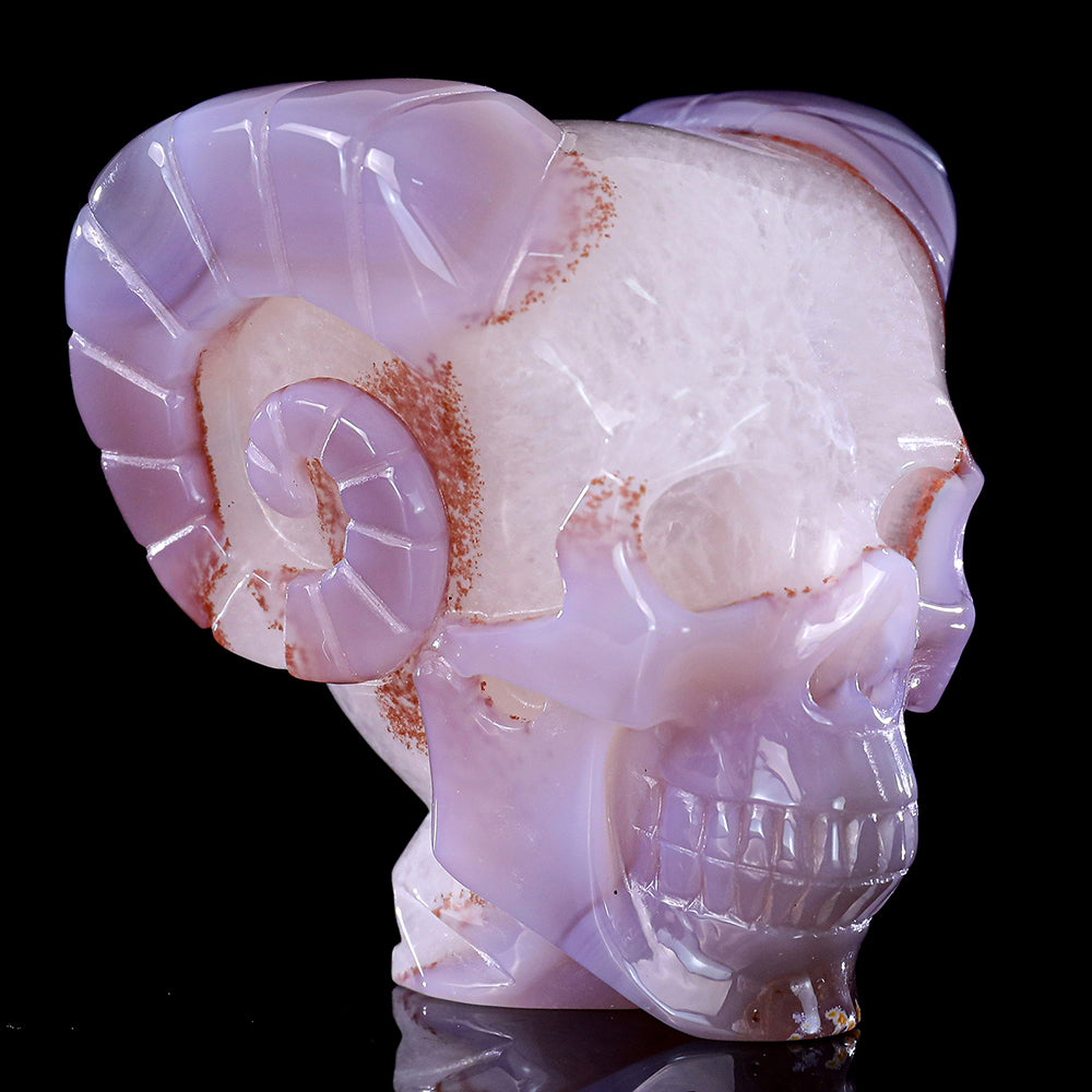 3.4" Geode Agate Ram Horn Skull Carving - Unique Piece #3100316