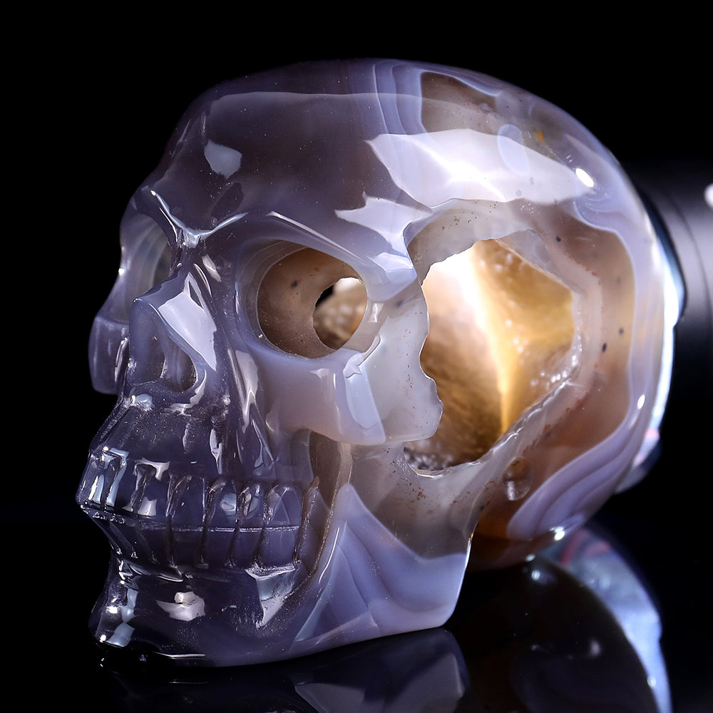 3.9" Geode Agate Human Skull Carving - Unique Piece #3100329