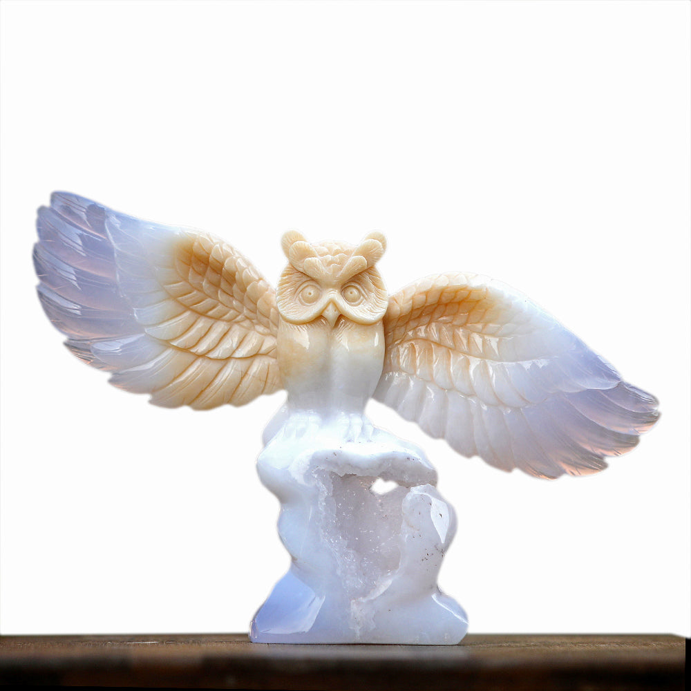8.3" Blue Chalcedony Owl Carving - Unique Piece #3100342