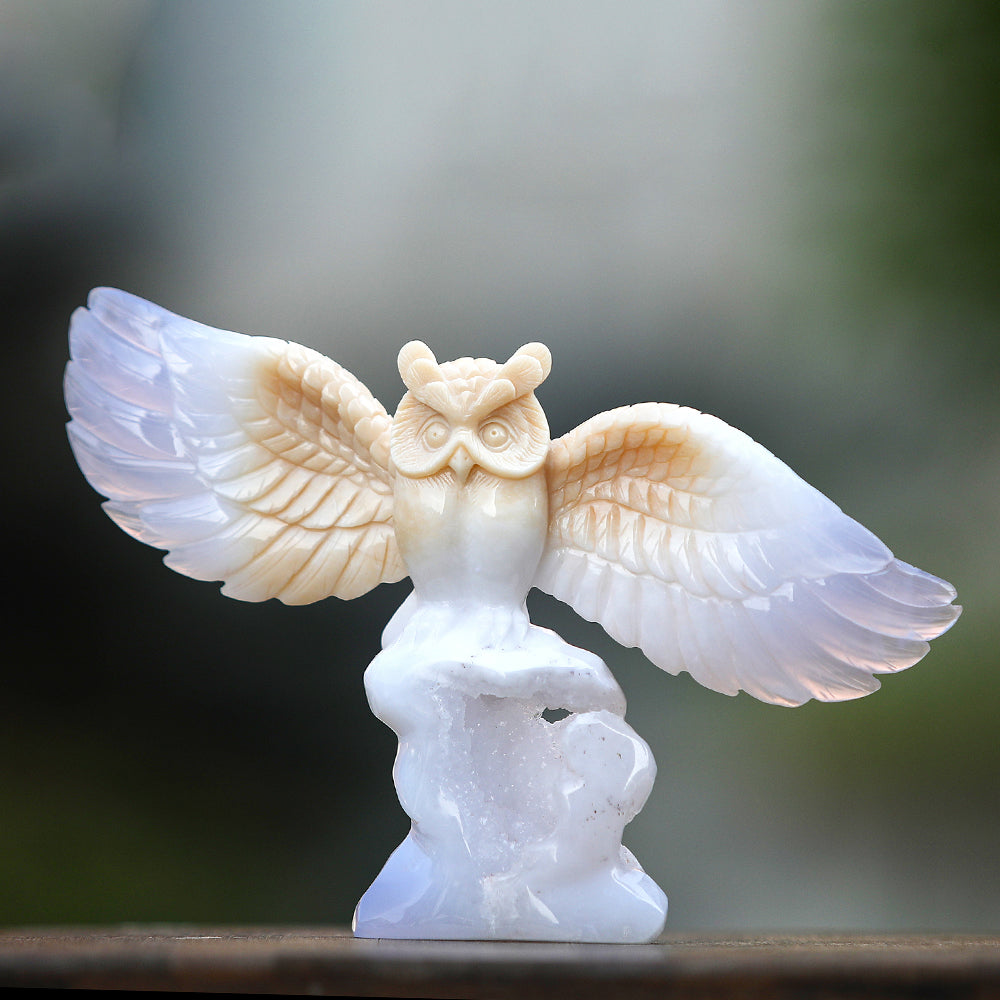 8.3" Blue Chalcedony Owl Carving - Unique Piece #3100342