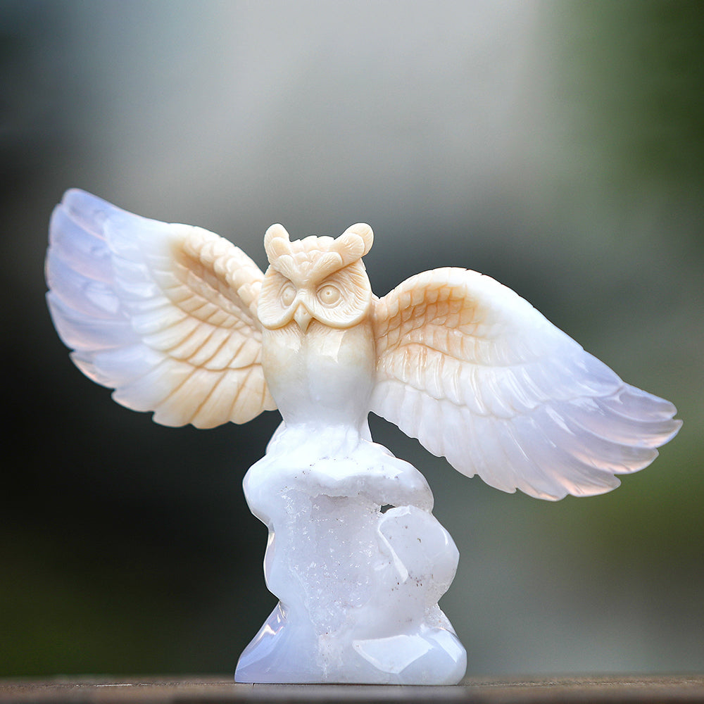 8.3" Blue Chalcedony Owl Carving - Unique Piece #3100342