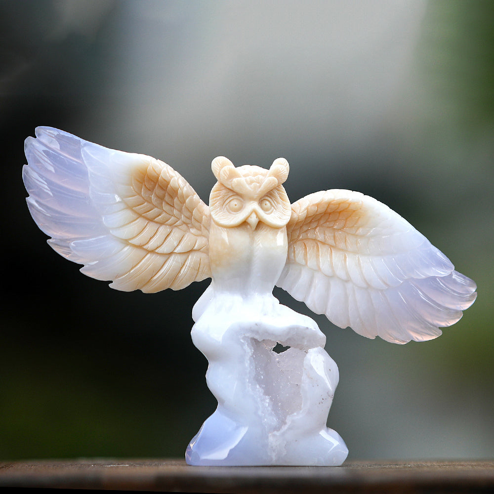8.3" Blue Chalcedony Owl Carving - Unique Piece #3100342
