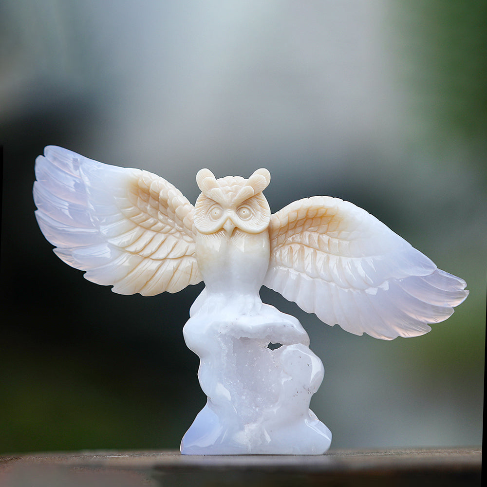 8.3" Blue Chalcedony Owl Carving - Unique Piece #3100342